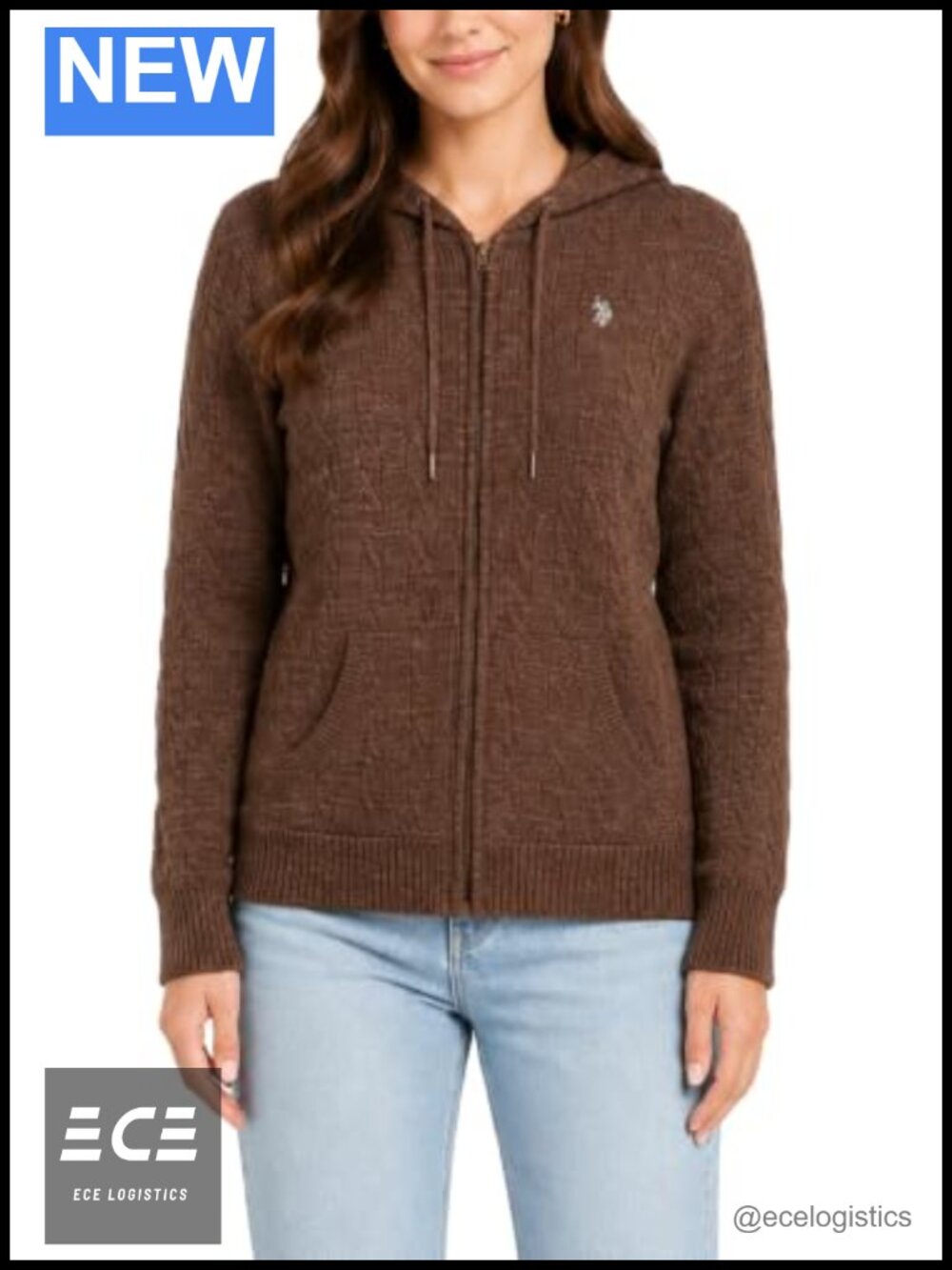 Cable Knit Full Zip Hoodie Sweater with Pockets & Pony Logo